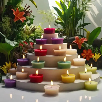Colorful Scented Tealight Candles - 10 Pack Box displayed in a pyramid arrangement with lush greenery background.