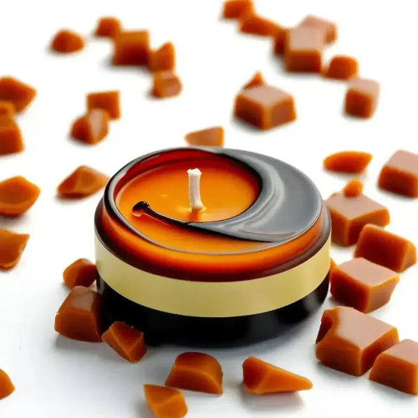 Caramel Candle Set of 4 mini soy candles with sweet scents in amber jars.