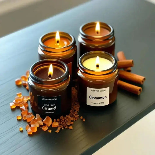 Set of 4 mini soy candles in amber jars with sweet scents including caramel, chocolate, vanilla cinnamon, and very vanilla.