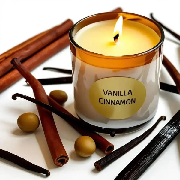 Set of 4 mini soy candles in amber apothecary jars with sweet scents.