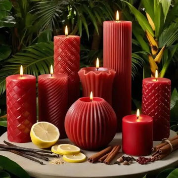 Assorted vanilla and cinnamon candles on a surface with lemons, vanilla beans, and cinnamon sticks, surrounded by green foliage.