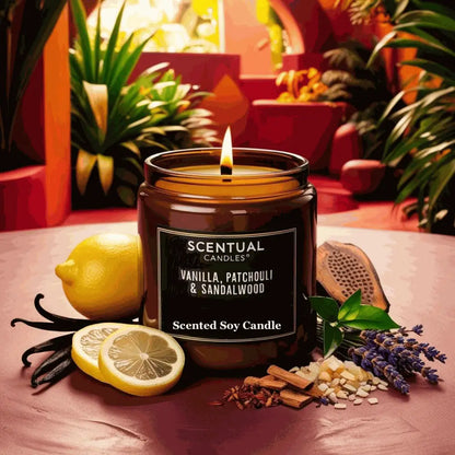 Vanilla Patchouli and Sandalwood Scented Soy Candle 