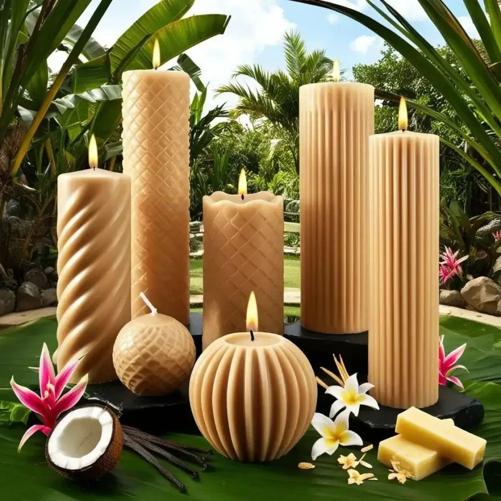Vanilla scented soy pillar candles in various designs and sizes on a decorative display.