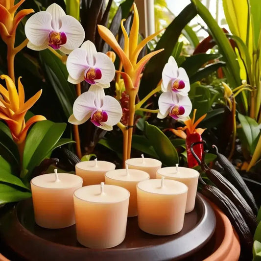 Vanilla Candles Scented Soy Votive in a lush garden background, highlighting creamy texture and elegant design.