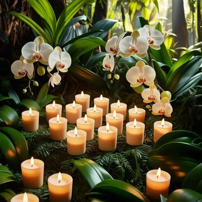 Vanilla votive candles set in a lush garden ambiance.