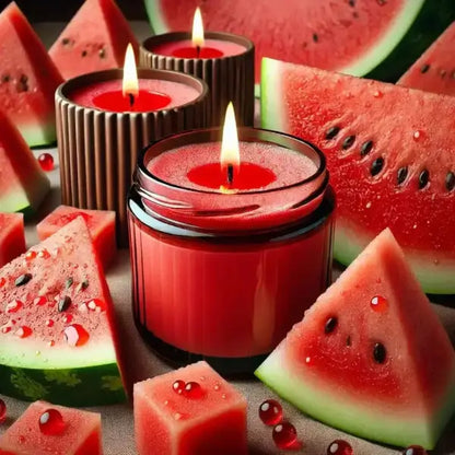 Watermelon Candle - Scented Soy with fresh watermelon slices, portraying a refreshing summer ambiance.