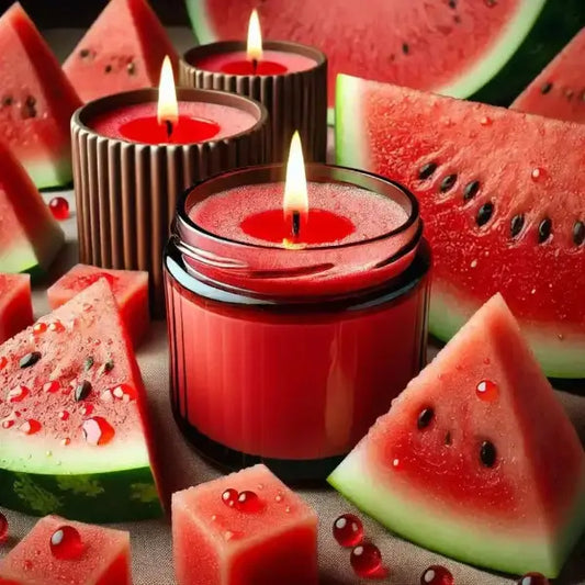 Candles with watermelon slices and watermelon seeds on a dark background